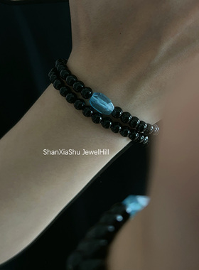 山下树  原创小众天然黑曜石海蓝宝补水纯黑情侣双圈手串七夕礼物