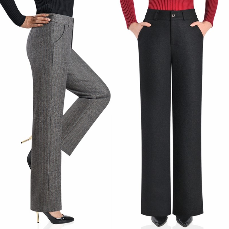 2025秋冬季中老年女裤条纹羊毛呢直筒裤长裤高腰显瘦小阔腿裤子