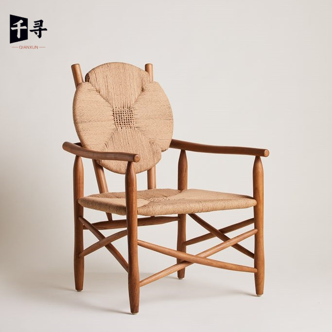 设计师中古实木编藤餐椅法式复古风草藤书桌椅民宿咖啡厅休闲椅子
