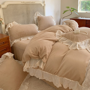 法式蕾丝边四件套牛奶绒双面珊瑚绒床上被套冬季法兰绒床单公主风