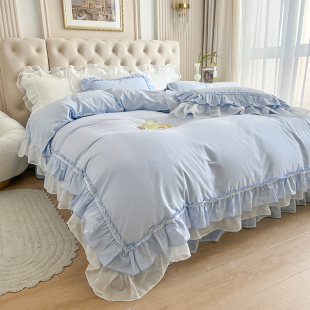 北欧轻奢全棉100纯棉蓝色四件套公主风荷叶边被套蕾丝网红床裙款4
