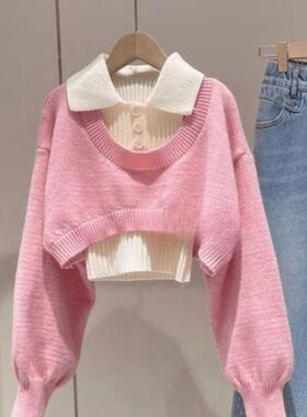 2025春秋新款美式小个子短款毛衣女设计感Polo领针织衫两件套上衣
