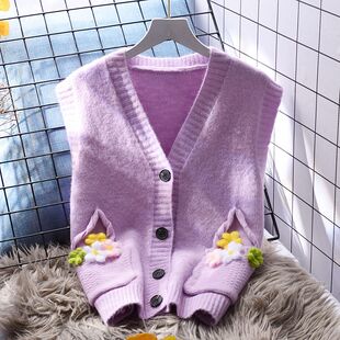 百搭女士毛衣 韩版 紫色小清新针织马甲女背心宽松外穿2023新款 秋季