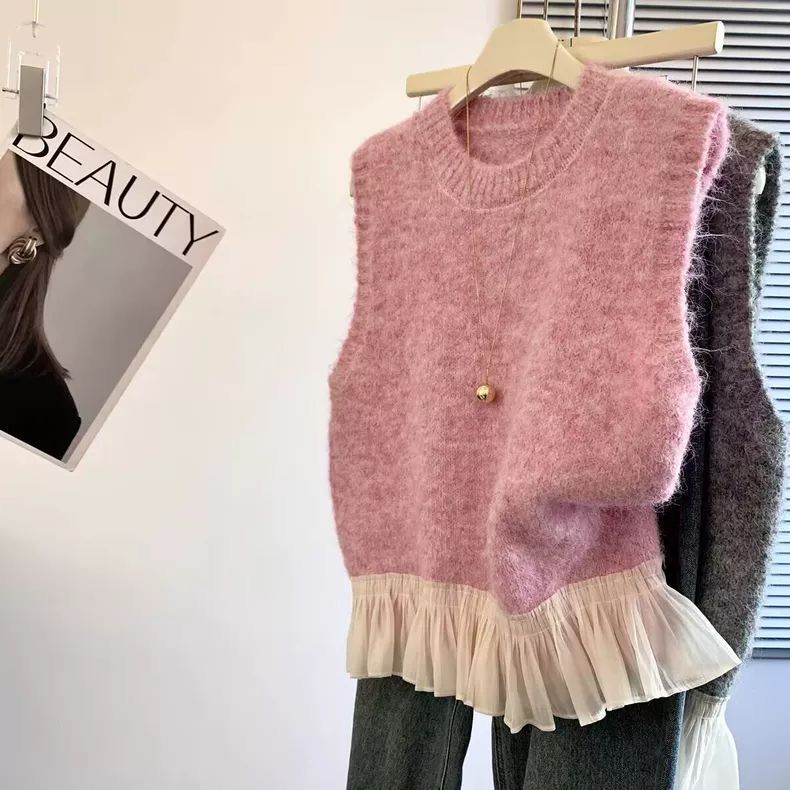 粉色甜辣妹圆领无袖针织马甲背心女装春秋花边拼接设计感短款上衣