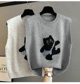 百搭马甲秋冬款 可爱减龄针织毛衣马甲背心经典 刺绣小猫森系时尚