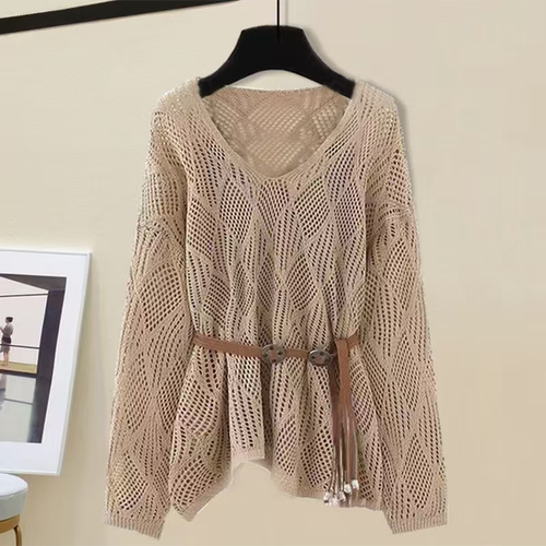 设计感小众镂空针织衫套装女秋新款宽松长袖罩衫大码镂空外搭罩衫