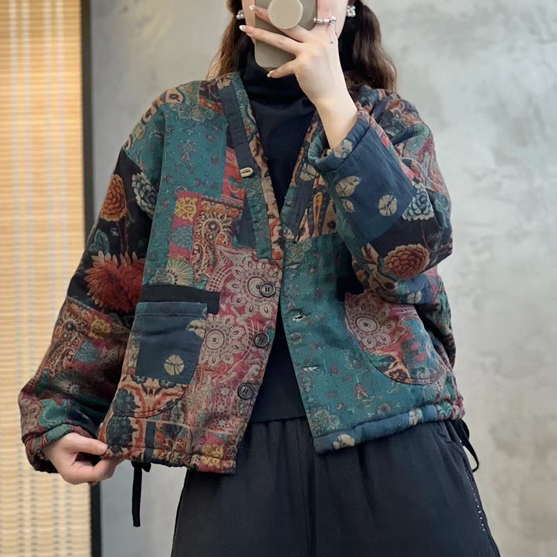 春秋现款棉服复古超龄印花保暖棉衣蝙蝠袖棉袄棉麻外套上衣宽松潮
