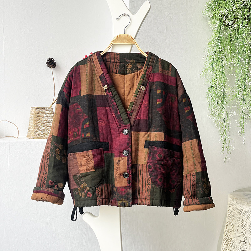 秋冬新款棉服复古潮流印花保暖棉衣蝙蝠袖棉袄棉麻外套上衣宽松潮