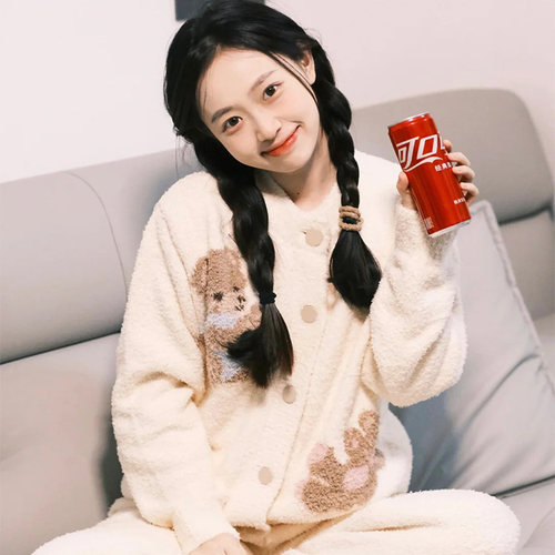 冬季半边绒加厚可外穿睡衣套装女