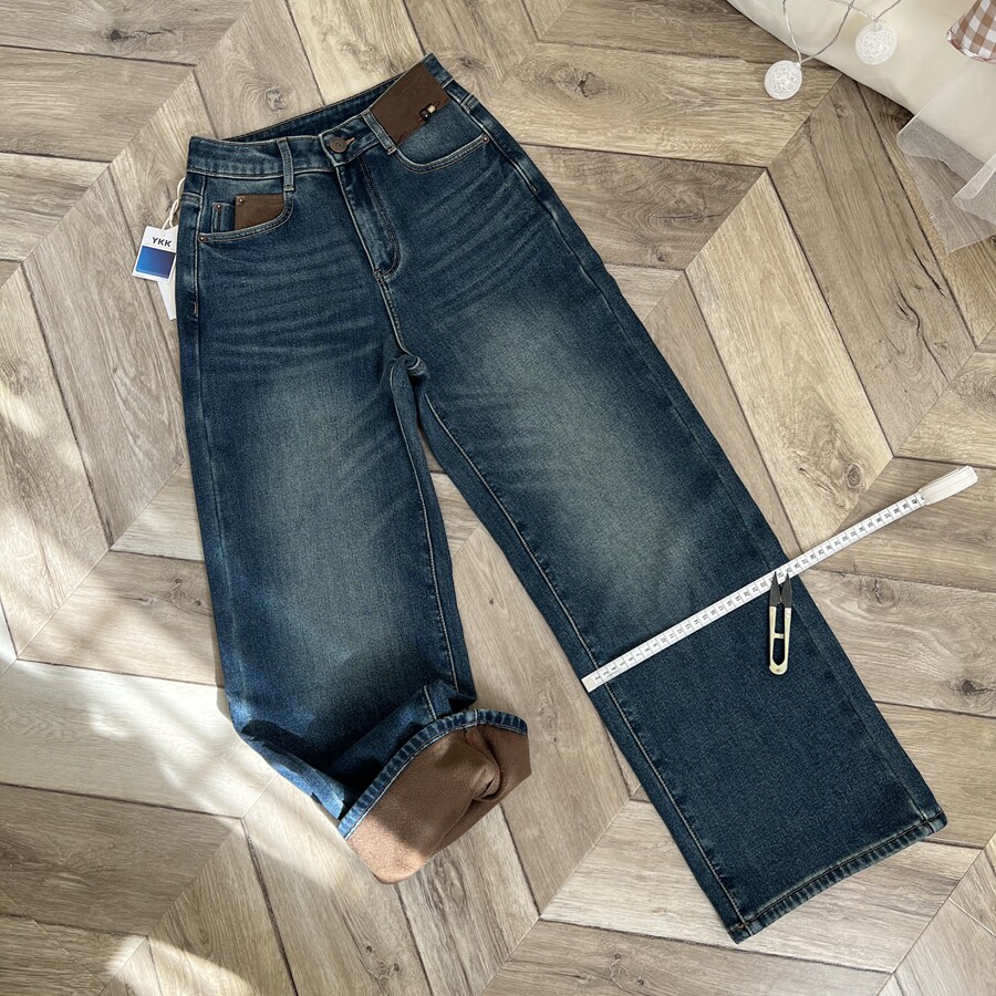 小个子高弹厚绒复古牛仔色直筒