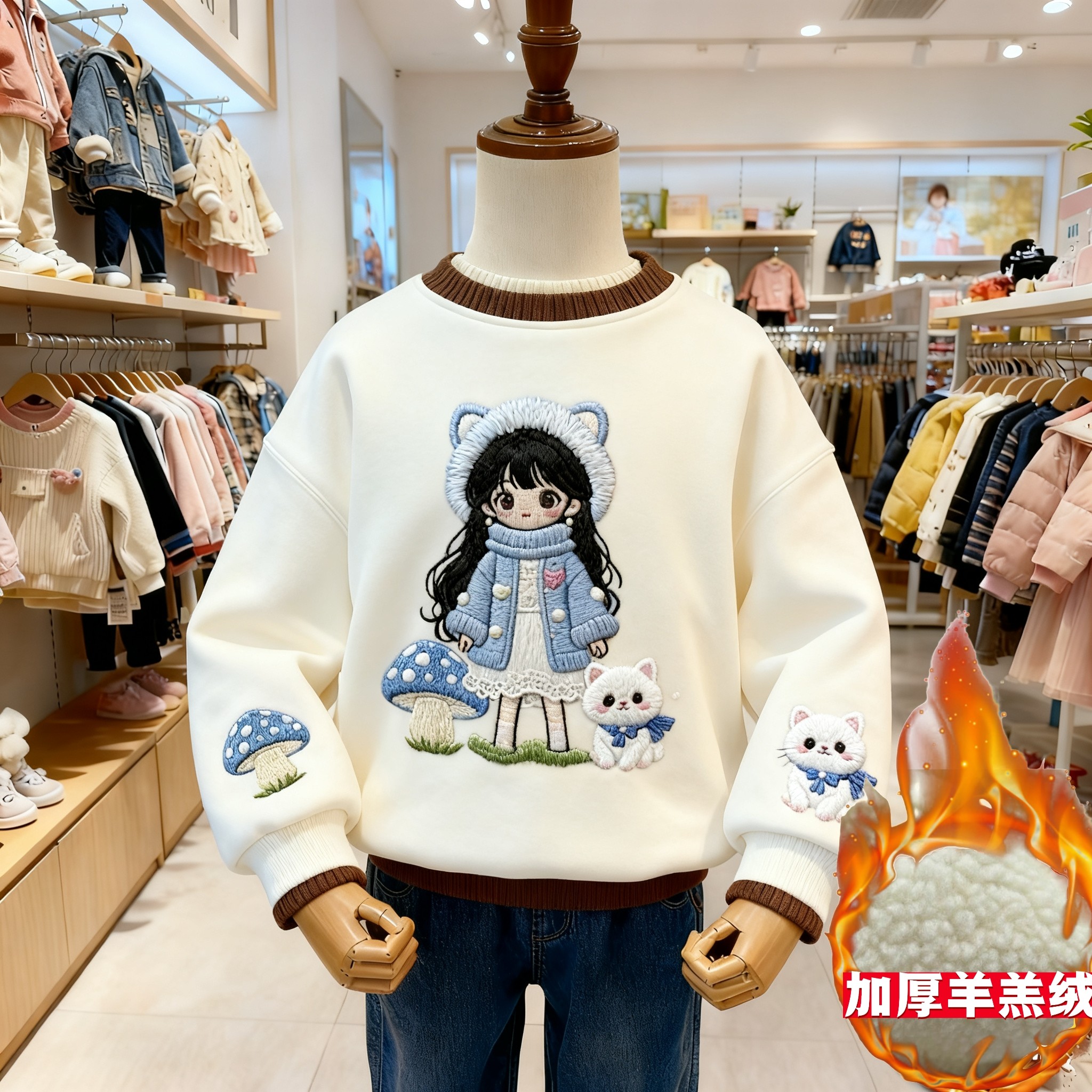 甜美可爱女孩风羊羔绒加厚卡通印图加绒卫衣女秋冬保暖上衣