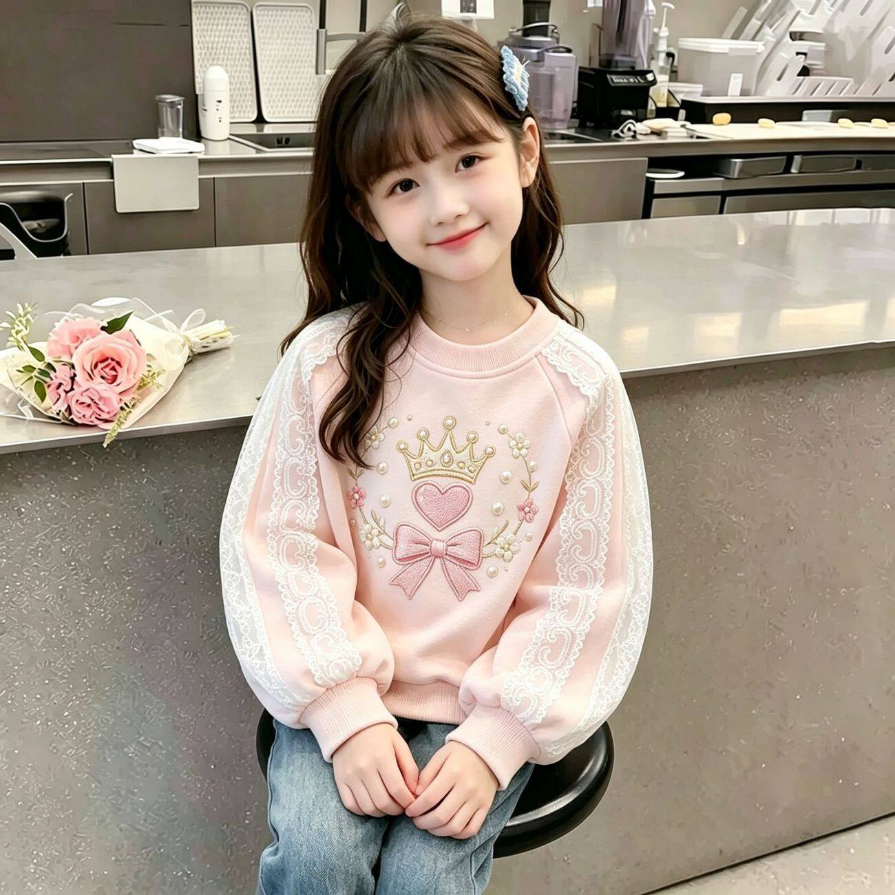 女童卫衣蕾丝上衣韩版洋气衣服宝宝春秋新款儿童2026年百搭秋装潮