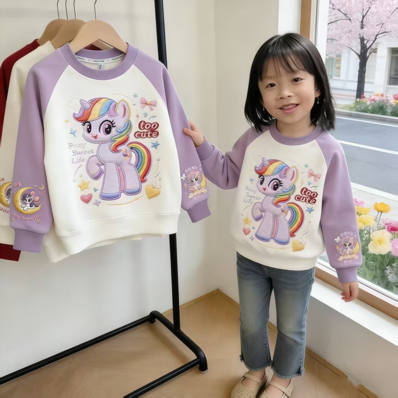 女童撞色卡通独角兽印花卫衣春秋款宽松圆领长袖上衣紫色拼接色