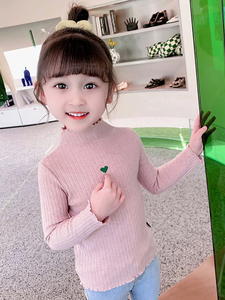 茵妍芯女童爱心半高领长袖针织衫粉色洋气修身打底衫百搭上衣
