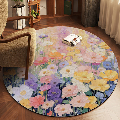 油画花朵圆形皮革地垫可擦洗免洗PVC防水防油防滑茶几垫转椅垫