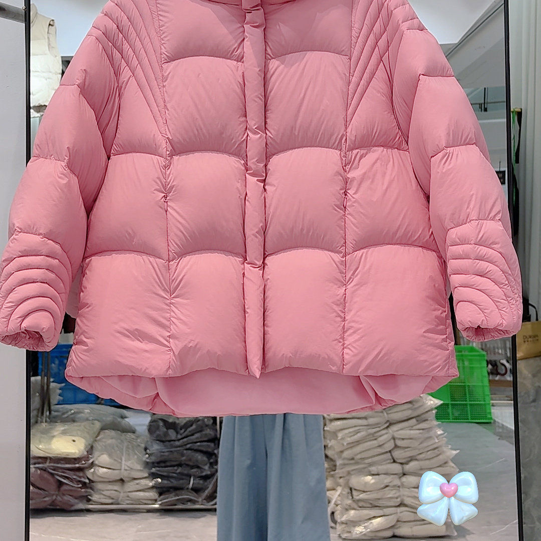 新国标90白鸭绒粉色短款羽绒服女冬季宽松保暖面包服时尚外套加厚