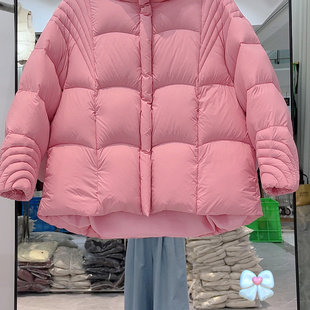 新国标90白鸭绒粉色短款羽绒服女冬季宽松保暖面包服时尚外套加厚