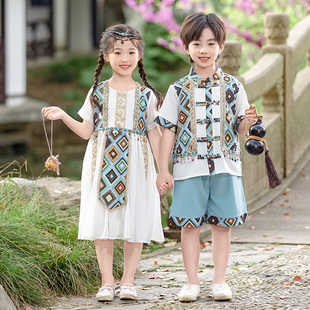 男童汉服套装夏季少数民族风服装新中式女童连衣裙唐装儿童表演服