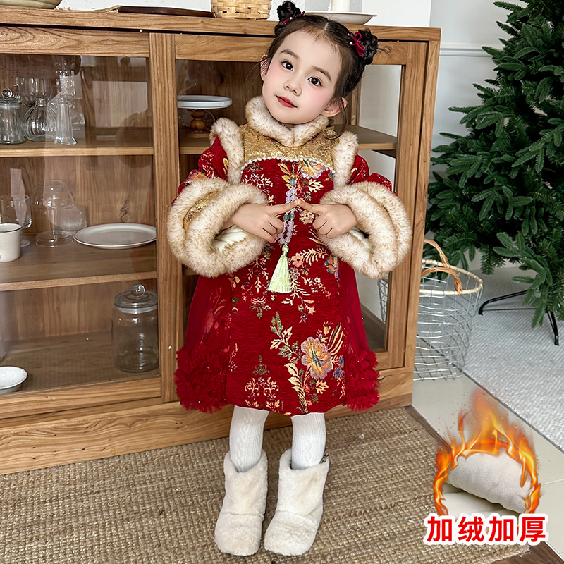 女童加绒加厚新中式拜年服裙子