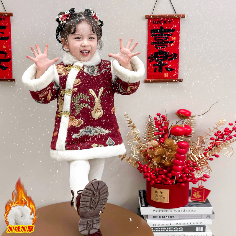 女童加绒加厚红色拜年服旗袍裙
