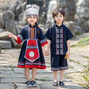 三月三儿童少数民族服装夏季男童壮族苗族中式汉服套装女童演出服