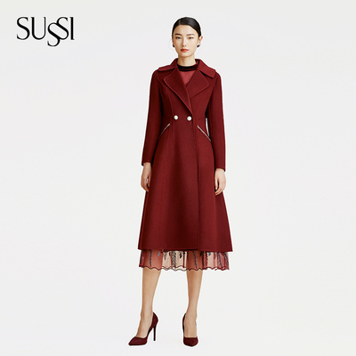 大翻领双面呢长款大衣外套女