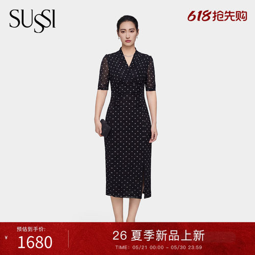 SUSSI/古色26夏新款商场同款交插领泡泡短袖前开衩印花连衣裙