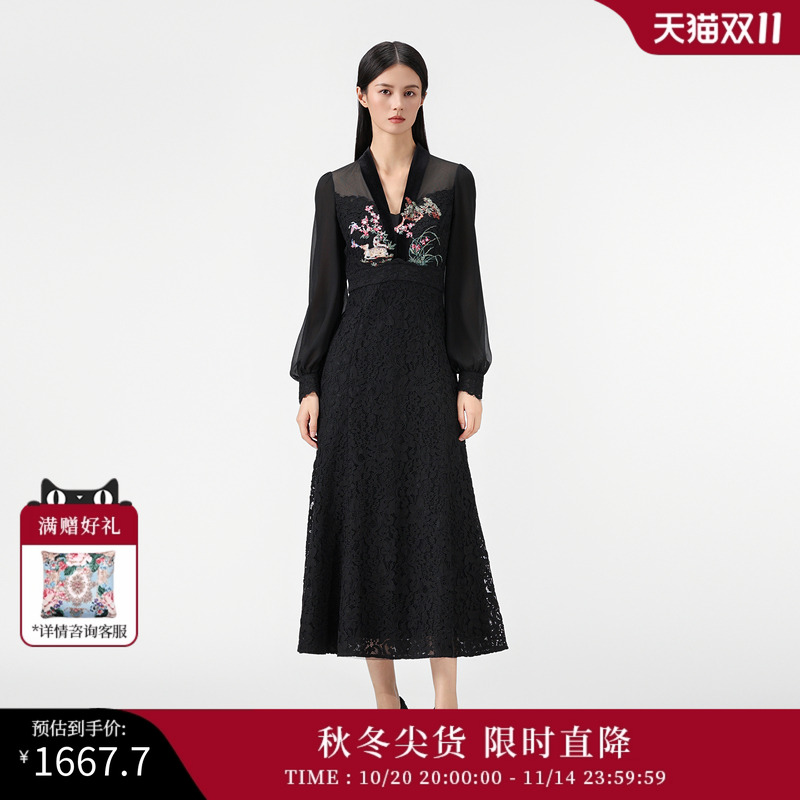 SUSSI/古色25春新品商场同款V领灯笼长袖贴花鱼尾连衣裙