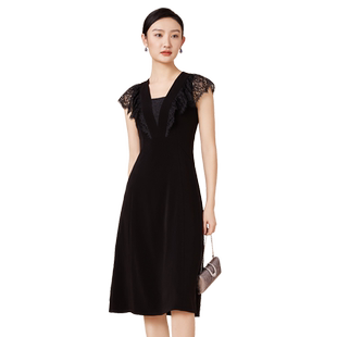 SUSSI/古色夏季新款黑色复古X型蕾丝拼接V领短袖荷叶袖连衣裙女