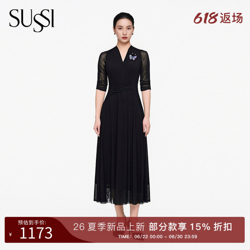 SUSSI/古色26夏新款商场同款黑色v领连衣裙轻奢高级感设计师通勤