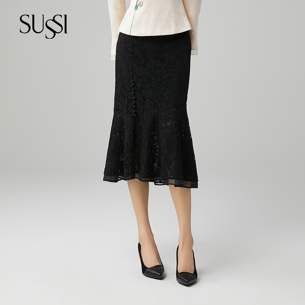 SUSSI/古色25春夏商场同款黑色百搭蕾丝包臀鱼尾半身裙女