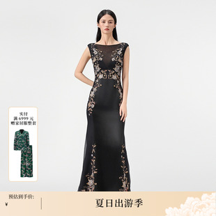 SUSSI 黑色貼花高腰禮服裙名媛旗袍式 古色古色25春商場同款