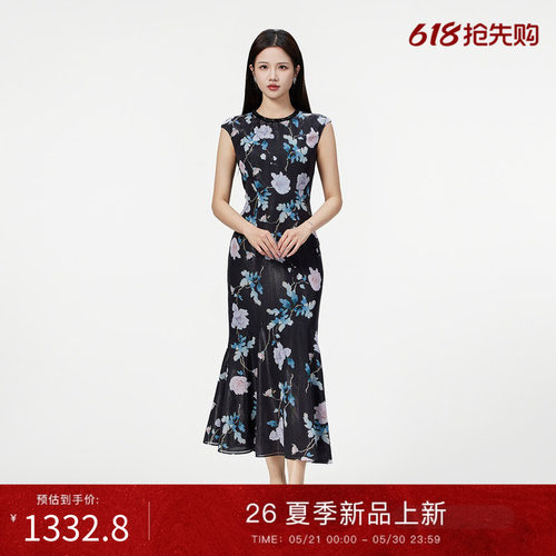 SUSSI/古色夏新款商场同款圆领包肩无袖印花鱼尾连衣裙