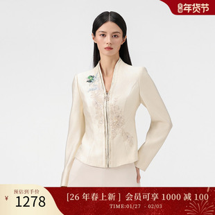 SUSSI/古色春新款商场同款前V形连身立领贴花襟装盖齿拉链外套