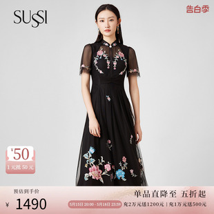 新中式 SUSSI 新品 连衣裙女 古色23夏季 黑色网纱刺绣中长款