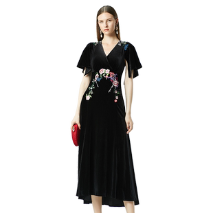 黑色丝绒拖尾连衣裙腰肩立体绣花小礼服裙29373801