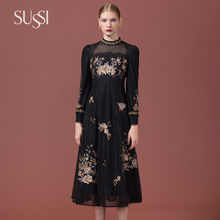 立领气质复古连衣裙8204L6160 长安大都商场同款 SUSSI 古色冬季