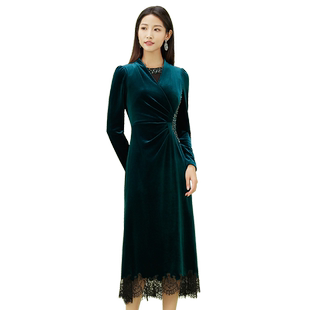 SUSSI/古色冬商场同款绿色丝绒连衣裙蕾丝拼接鱼尾裙