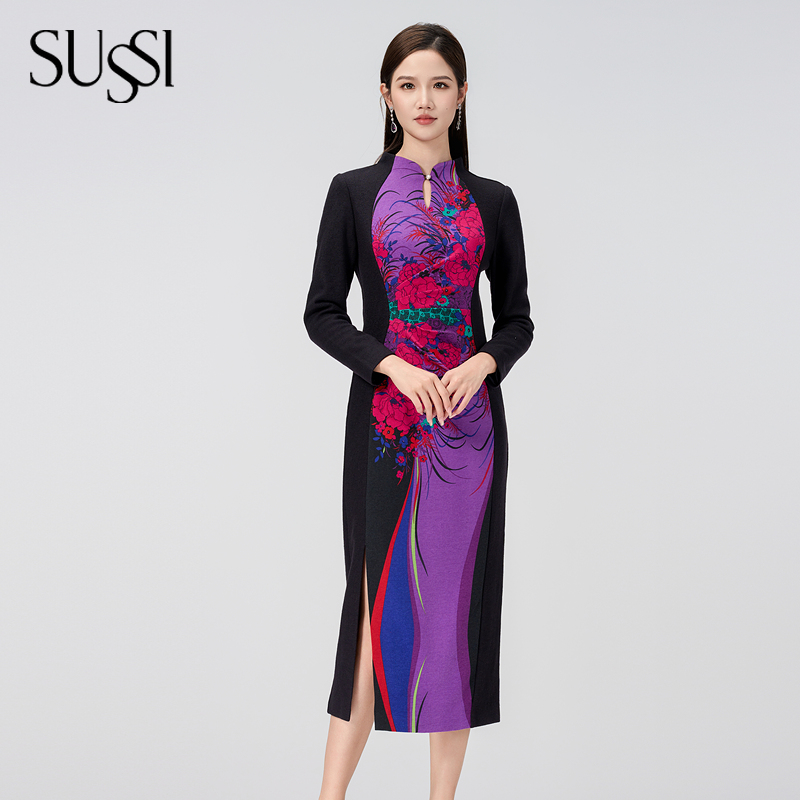 SUSSI/古色季新品紫罗兰高级日常可穿印花收腰羊毛旗袍女装