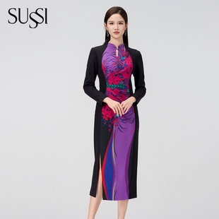 SUSSI 新品 紫羅蘭高級日常可穿印花收腰羊毛旗袍女裝 古色季