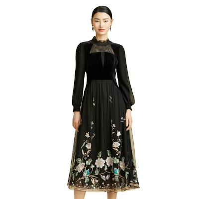 黑色网纱刺绣立领泡泡袖连衣裙