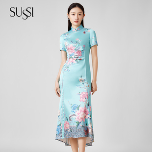 新中式 SUSSI 新品 古色夏季 改良旗袍喜庆礼服高腰显瘦连衣裙女