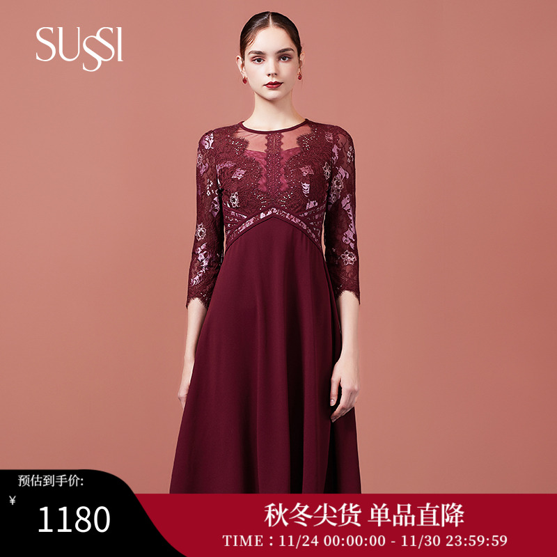 古色丝路长安商场同款酒红连衣裙