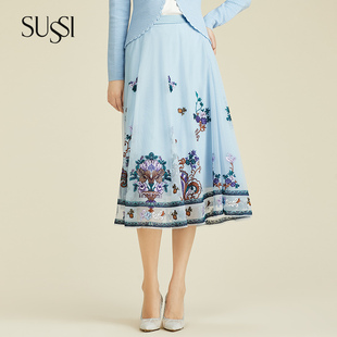 商场同款 新品 蓝色刺绣A字裙半身裙伞裙女 古色秋季 SUSSI