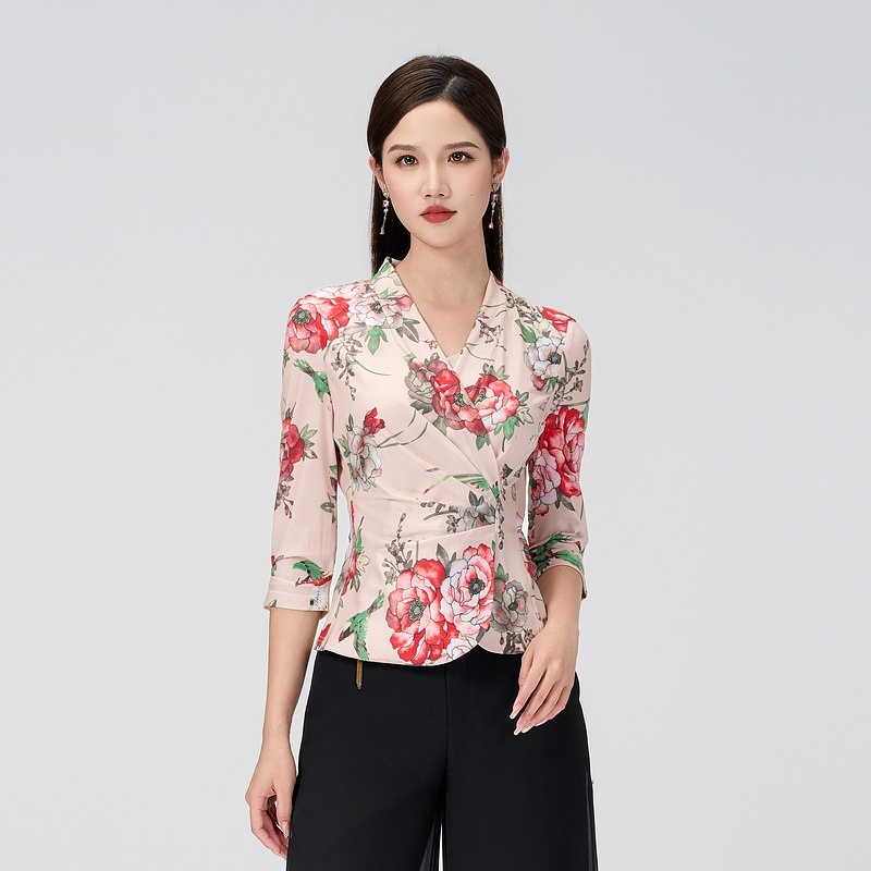 SUSSI/古色秋季新款缟色米白百搭款修身上衣女装