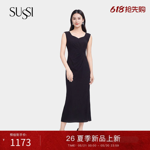 SUSSI/古色26春夏新款商场同款黑色宽领通勤无袖中长连衣裙女装