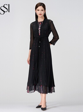 SUSSI/古色季新品黑色轻薄中长袖系带开衫外套女装