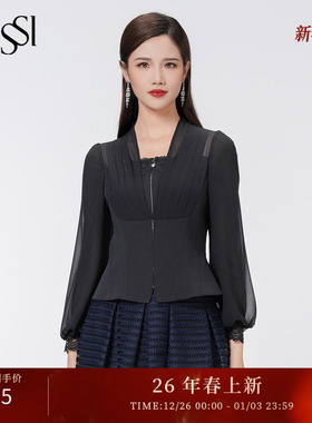 SUSSI/古色秋季新款黑色百搭款复古宫廷风收腰上衣女装