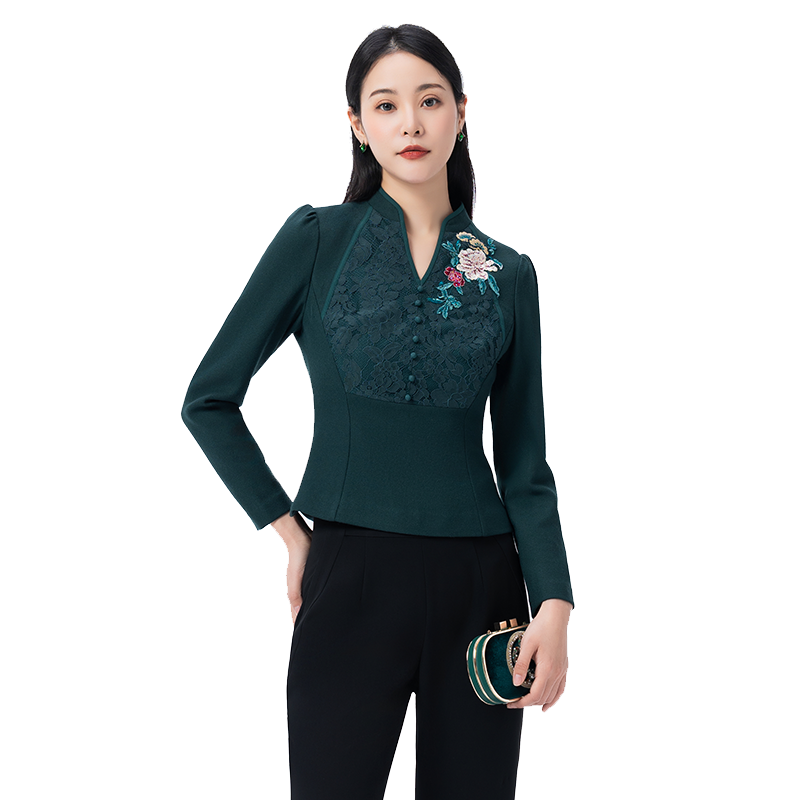 SUSSI/古色23秋商场同款墨绿色V领蕾丝刺绣高腰羊毛上衣女