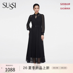 收碎褶长款 SUSSI 黑色雪纺空调罩衫 商场同款 通勤外套 古色26春新款